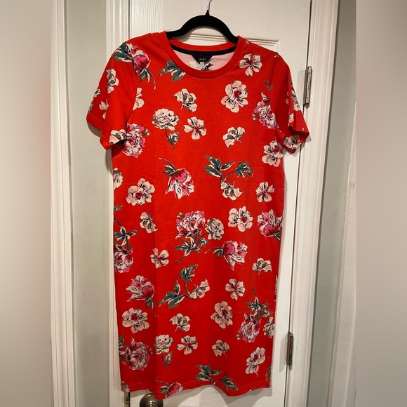NWT Joules Size 4 Red Floral Short Sleeve Crew Neck Cotton Tee Shirt Dress - Picture 2 of 10